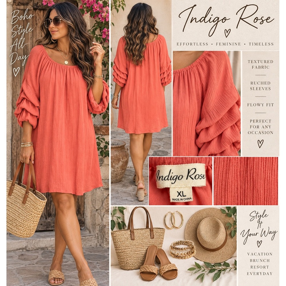 Indigo Rose Women Coral Pink Crinkle Gauze Ruffle Sleeve Shift Dress XL